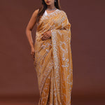 Brown Tissue Embroidery Saree With Scallop Border
