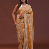 Brown Tissue Embroidery Saree With Scallop Border