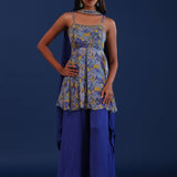Cobalt Blue Chinon And Organza Printed Kurti Set