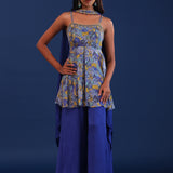 Cobalt Blue Chinon And Organza Printed Kurti Set