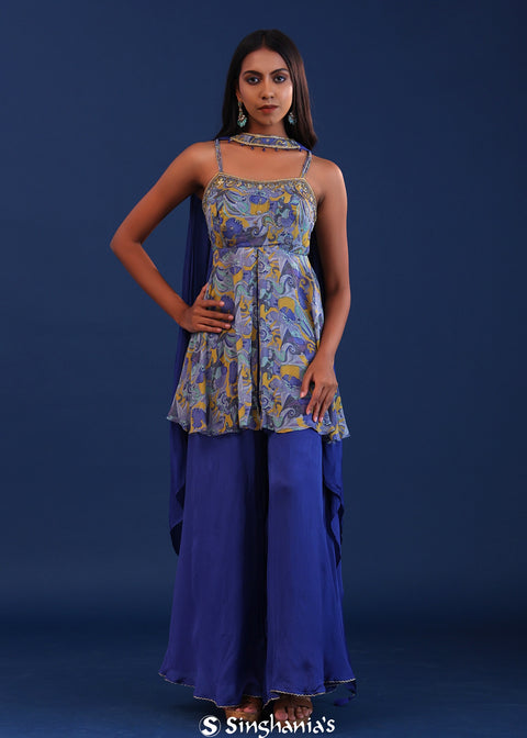 <img> Cobalt Blue Chinon And Organza Printed Kurti Set