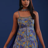 Cobalt Blue Chinon And Organza Printed Kurti Set