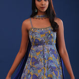 Cobalt Blue Chinon And Organza Printed Kurti Set