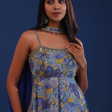 Cobalt Blue Chinon And Organza Printed Kurti Set
