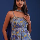 Cobalt Blue Chinon And Organza Printed Kurti Set