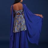 Cobalt Blue Chinon And Organza Printed Kurti Set