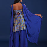 Cobalt Blue Chinon And Organza Printed Kurti Set