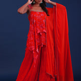 Bright Red Crepe Silk Floral Printed Kurti Set