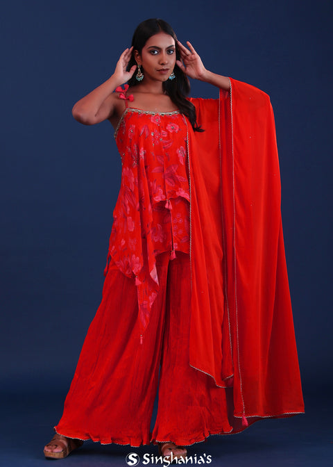 <img> Bright Red Crepe Silk Floral Printed Kurti Set