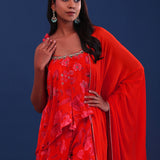 Bright Red Crepe Silk Floral Printed Kurti Set