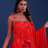 Bright Red Crepe Silk Floral Printed Kurti Set