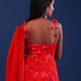 Bright Red Crepe Silk Floral Printed Kurti Set