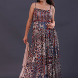 Multicolour Satin Crepe Printed Gown Set
