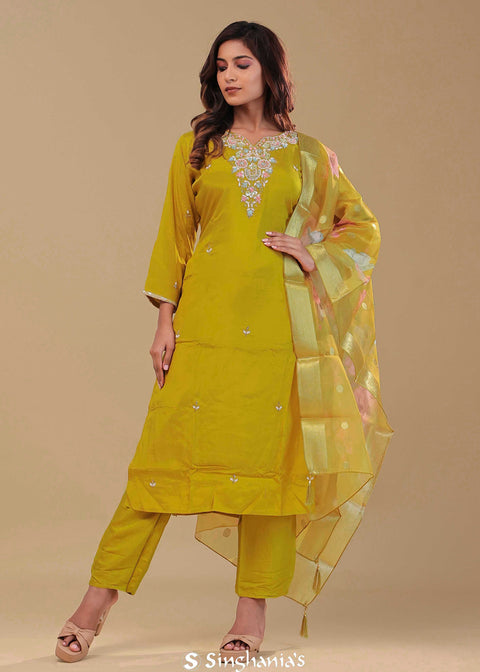 <img> Yellow Ochre Chanderi Kurta Set
