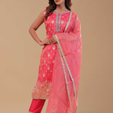 Dark Coral Pink Tissue Banarasi Kurta Set
