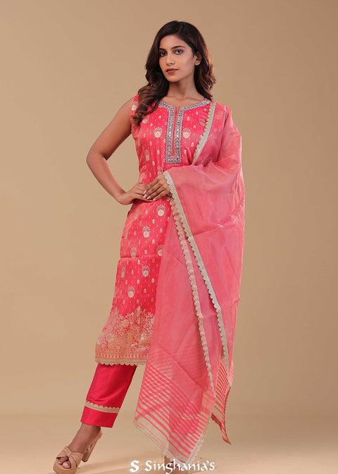 <img> Dark Coral Pink Tissue Banarasi Kurta Set