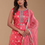 Dark Coral Pink Tissue Banarasi Kurta Set