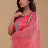 Dark Coral Pink Tissue Banarasi Kurta Set