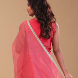 Dark Coral Pink Tissue Banarasi Kurta Set