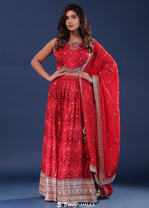 <img> Cherry Red Ikat Silk Lehenga Set