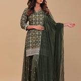Dark Mehendi Banarasi Kurta Set With Woven Pattern