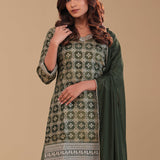Dark Mehendi Banarasi Kurta Set With Woven Pattern