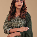 Dark Mehendi Banarasi Kurta Set With Woven Pattern