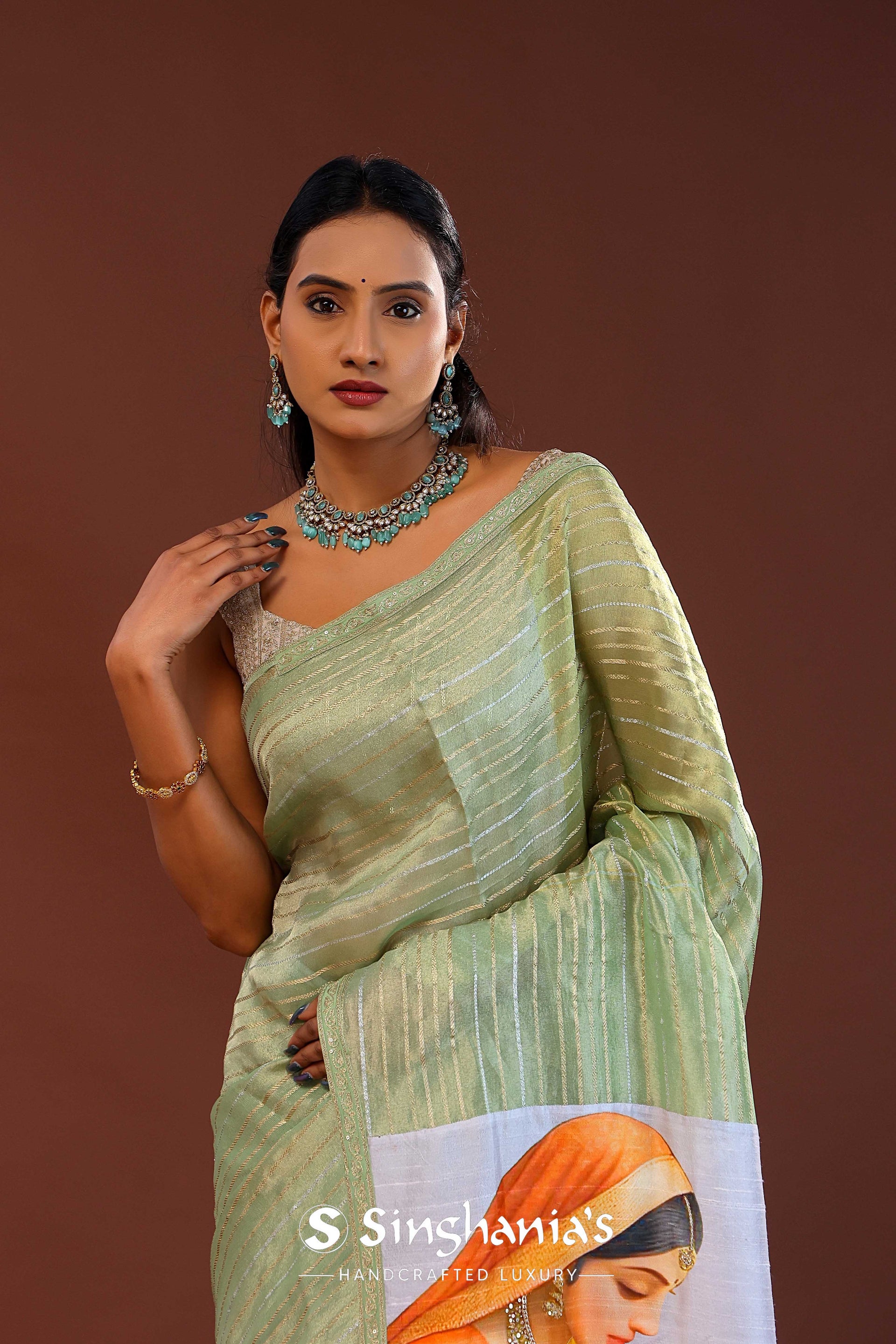 <img> Pista Green Tissue Organza Saree
