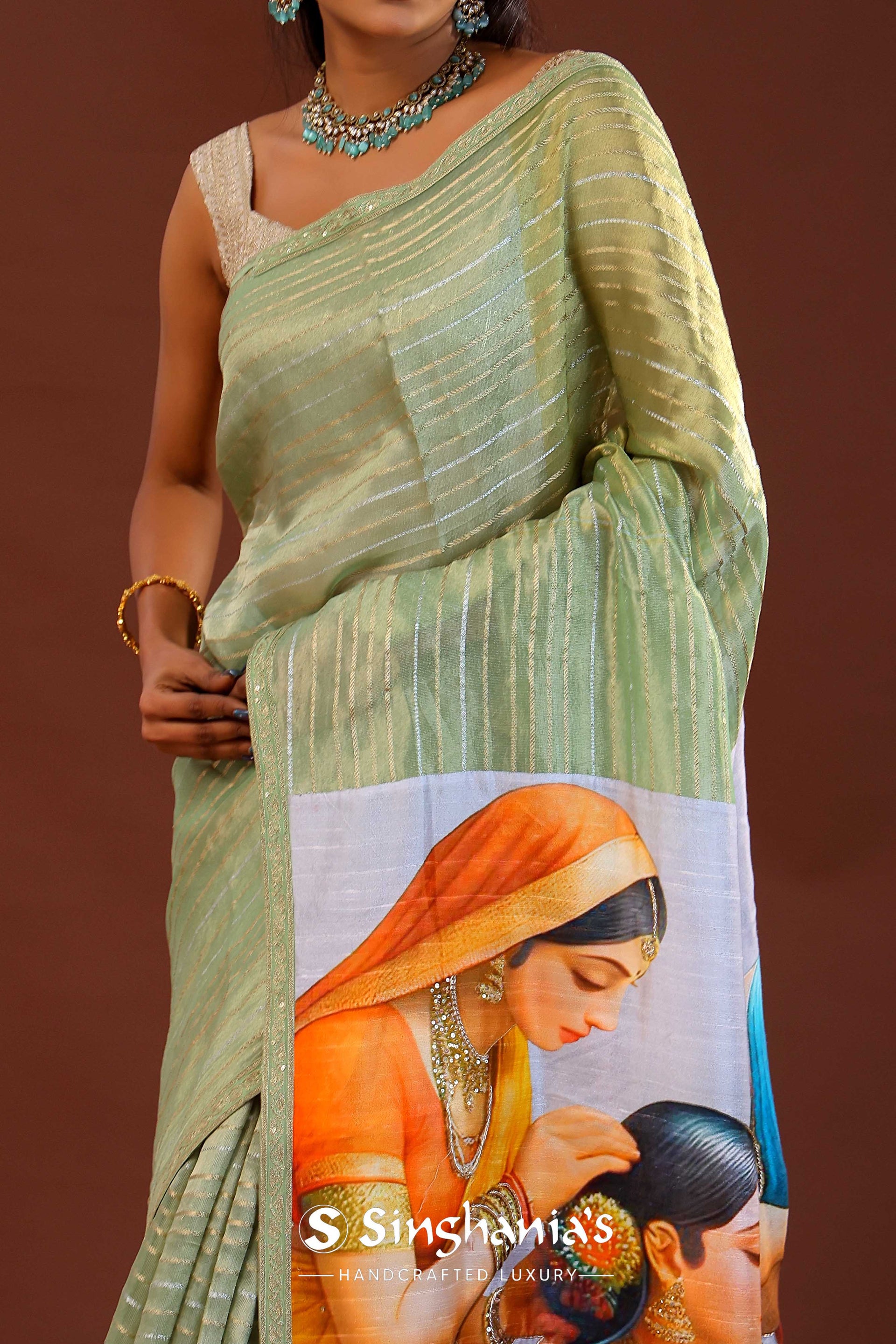 <img> Pista Green Tissue Organza Saree
