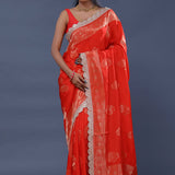 Vibrant Red Banarasi Saree With Scallop Border
