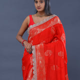 Vibrant Red Banarasi Saree With Scallop Border