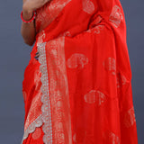 Vibrant Red Banarasi Saree With Scallop Border