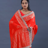 Vibrant Red Banarasi Saree With Scallop Border