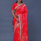 Red Banarasi Saree With Scallop Border