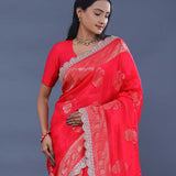 Red Banarasi Saree With Scallop Border