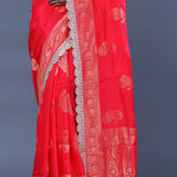 Red Banarasi Saree With Scallop Border