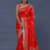 Scarlet Red Banarasi Saree With Scallop Border