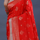 Scarlet Red Banarasi Saree With Scallop Border