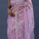 Bright Lilac Tissue Organza Saree With Scallop Border