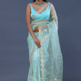 Electric Blue Tissue Organza Saree With Scallop Border