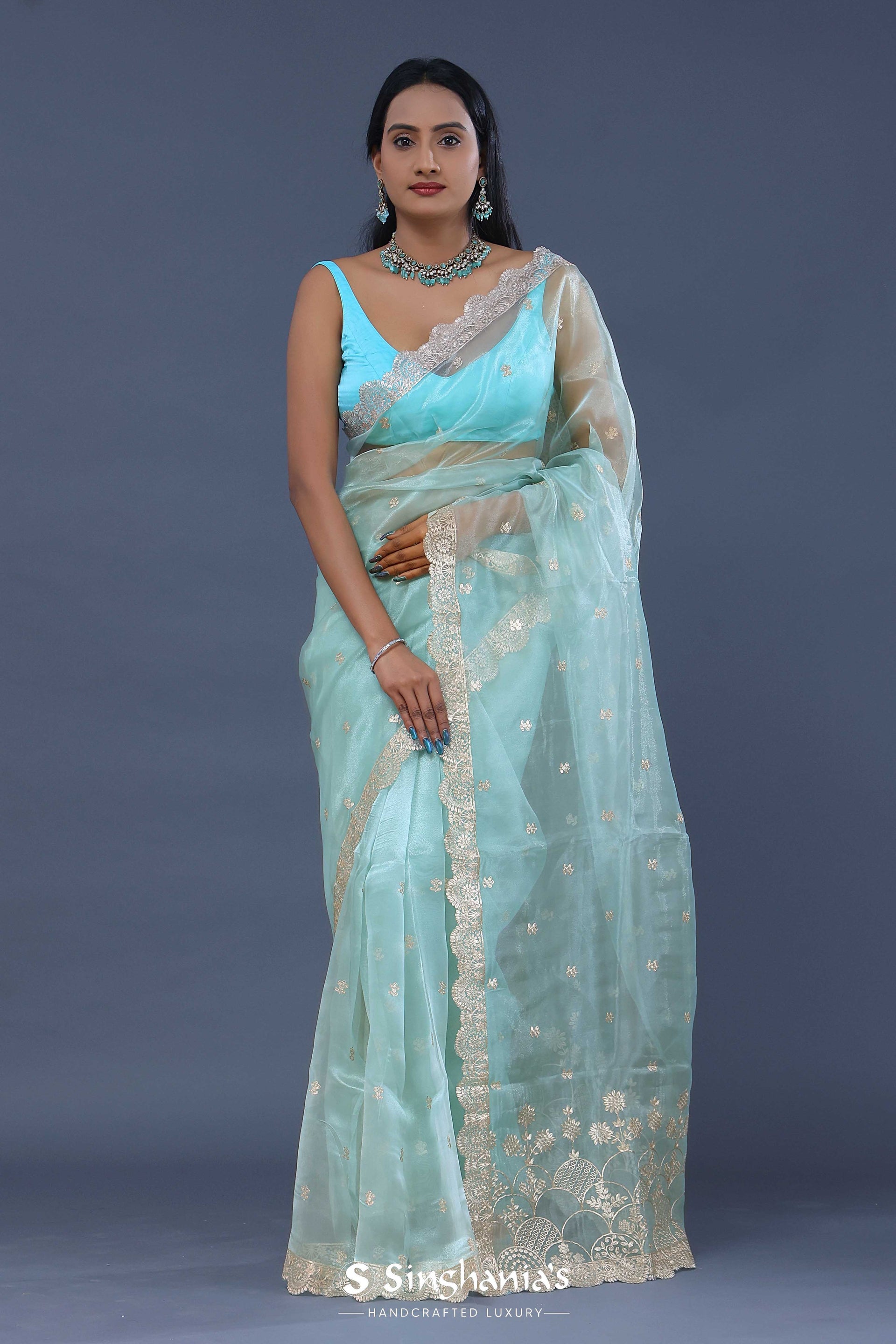 <img> Blue Tissue Organza Saree With Scallop Border