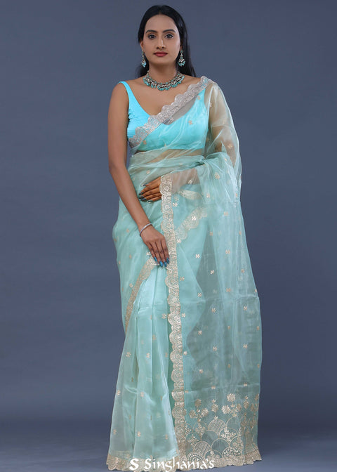 <img> Blue Tissue Organza Saree With Scallop Border