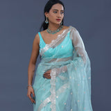 Electric Blue Tissue Organza Saree With Scallop Border