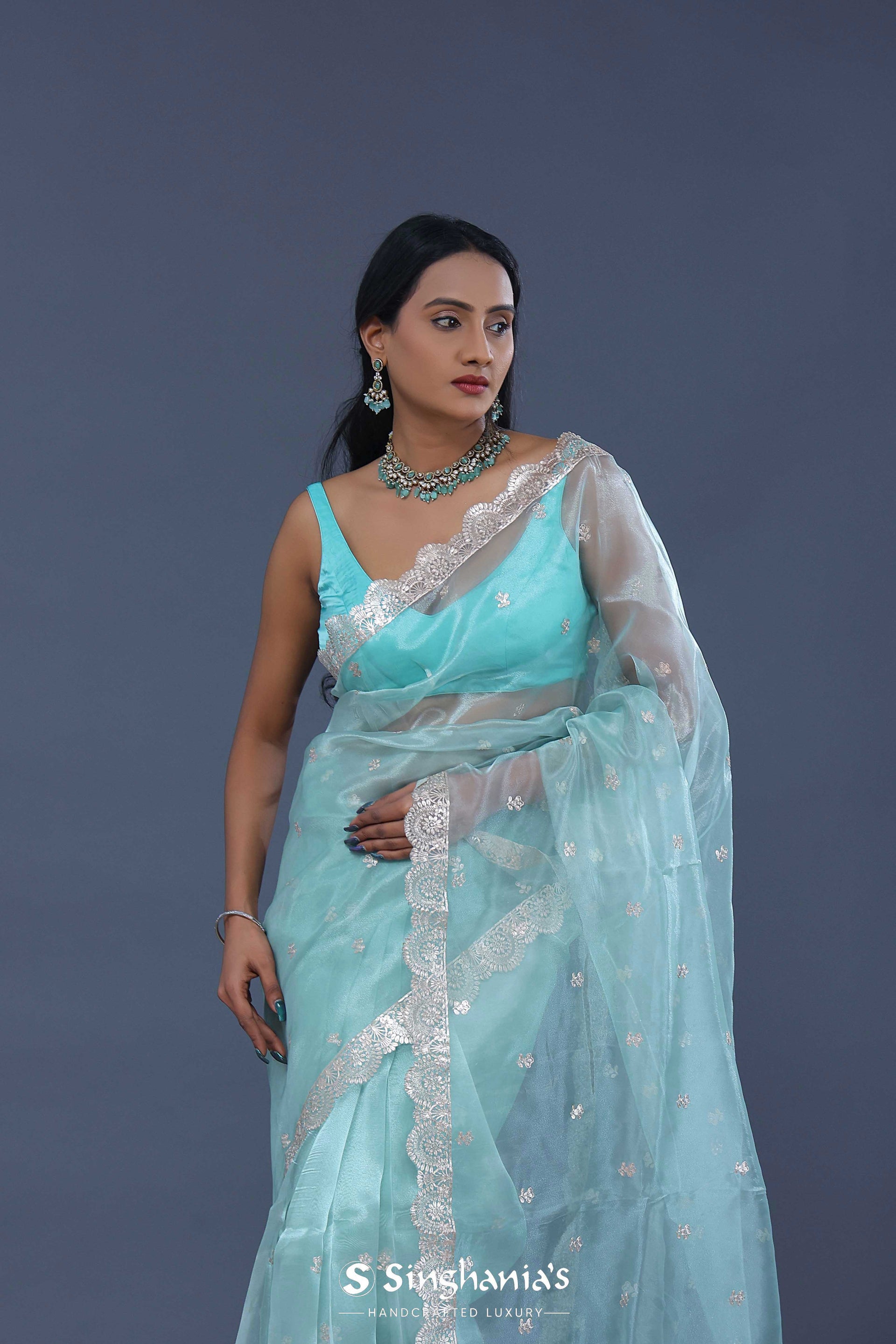 <img> Blue Tissue Organza Saree With Scallop Border