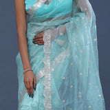 Electric Blue Tissue Organza Saree With Scallop Border