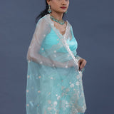 Electric Blue Tissue Organza Saree With Scallop Border