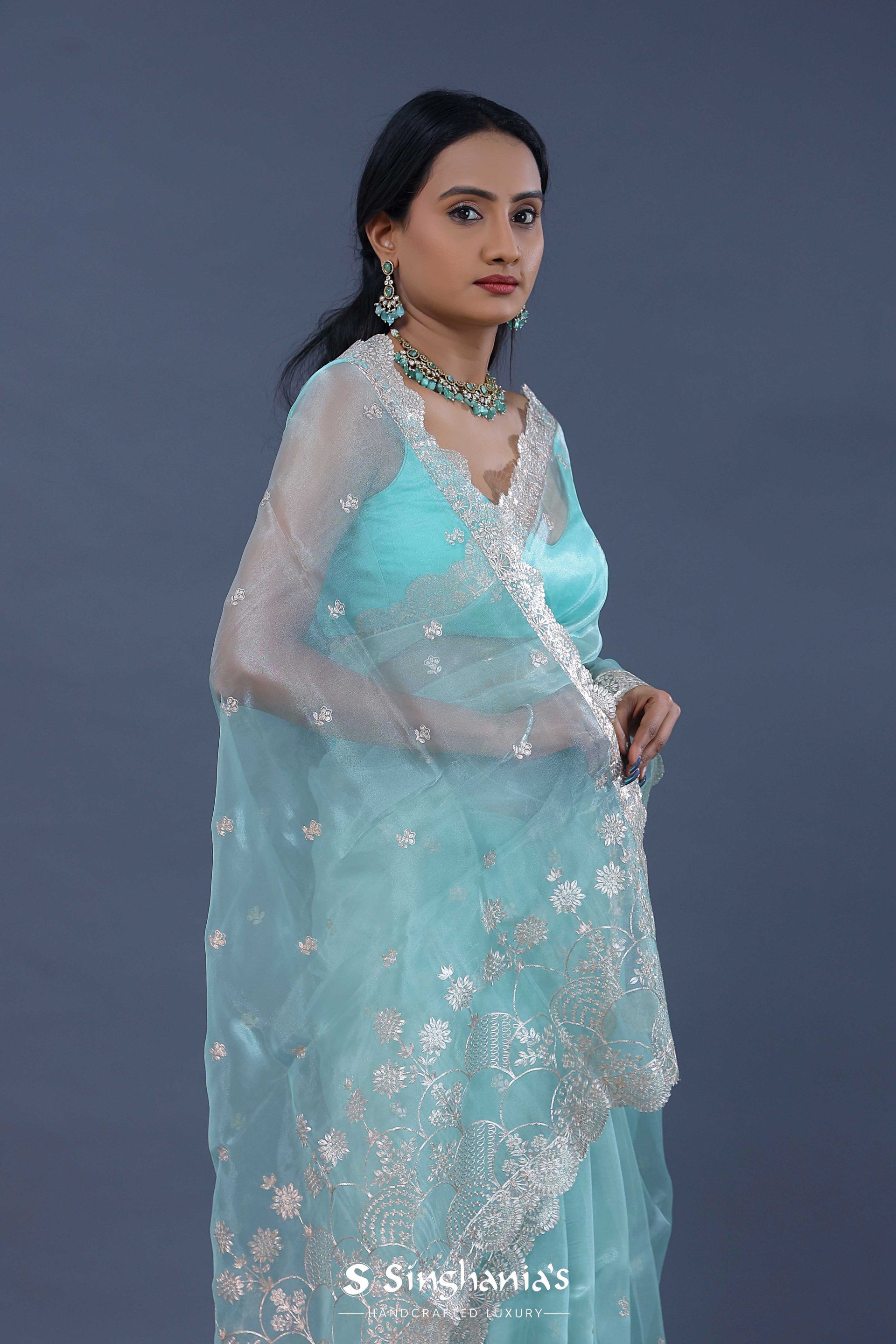 <img> Blue Tissue Organza Saree With Scallop Border