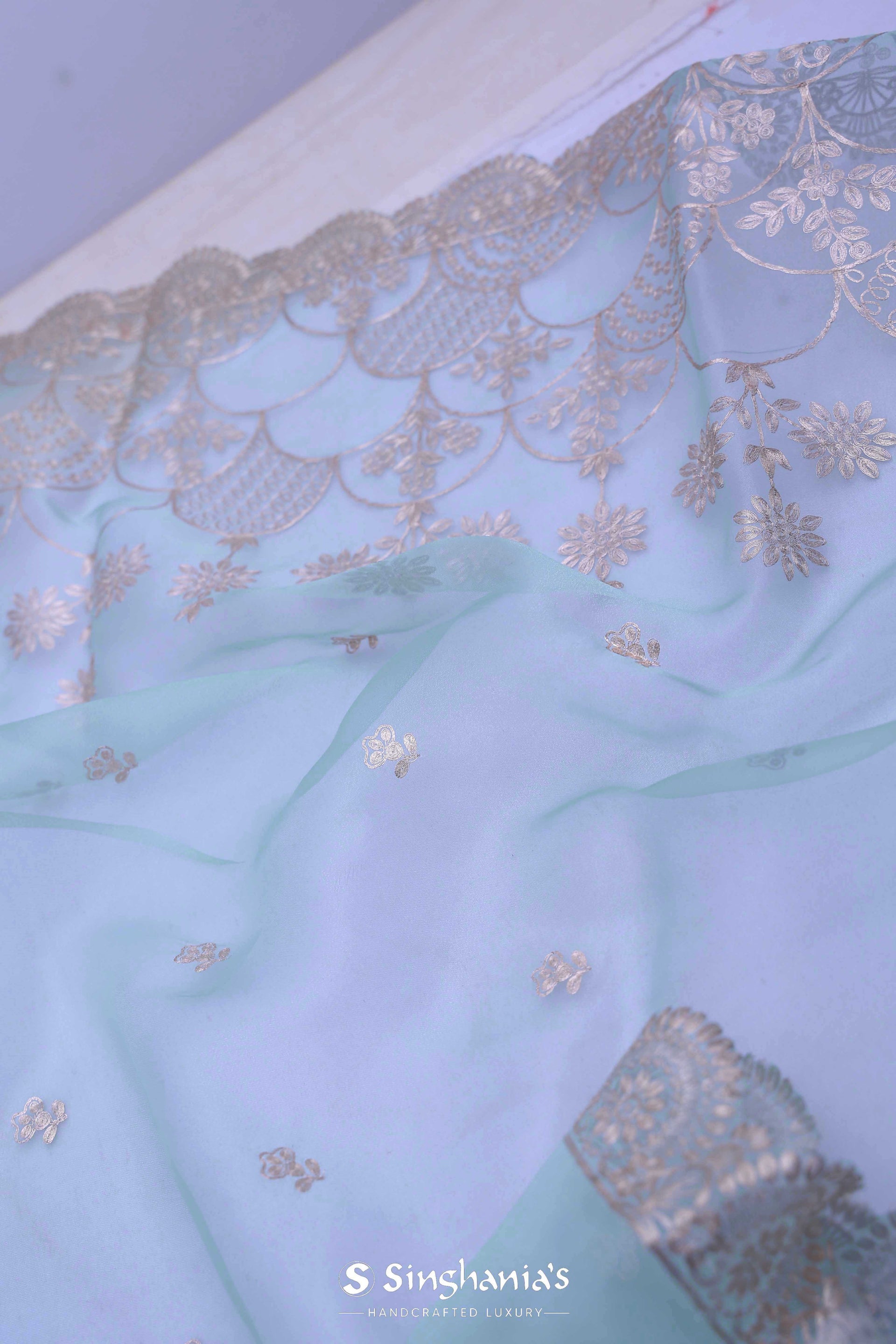 <img> Blue Tissue Organza Saree With Scallop Border