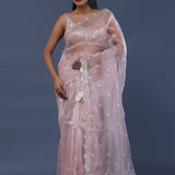 Pastel Pink Tissue Organza Saree With Scallop Border