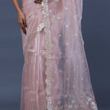 Pastel Pink Tissue Organza Saree With Scallop Border